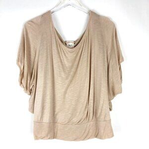 Robin K Top Women's M Beige Space Dye Boxy Short-Sleeve Bat-Wing Boho Country